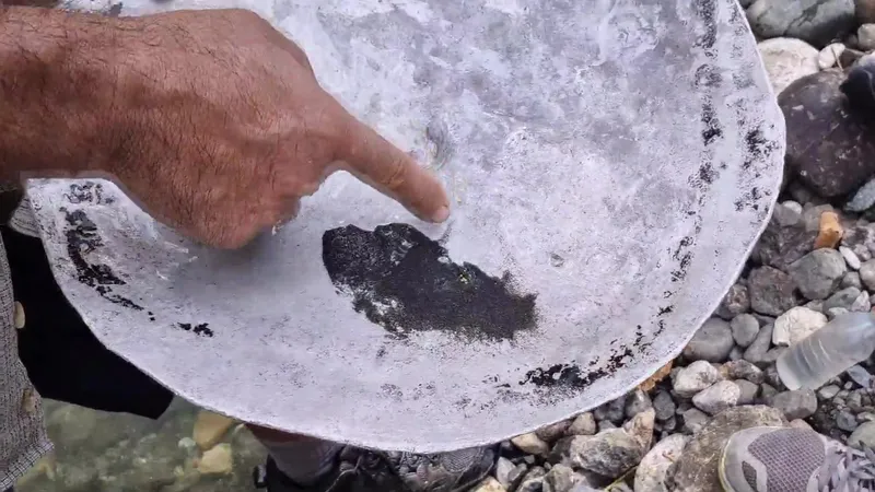 Guide pointing at flakes of gold in dark sand in a gold pan by the river